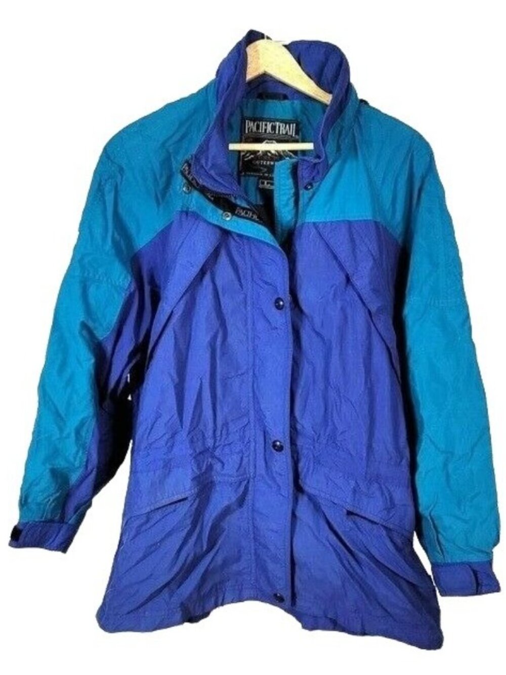 Pacific Trail Womens Nylon Windbreaker Blue Large Zip Hood Pockets Jacket VTG